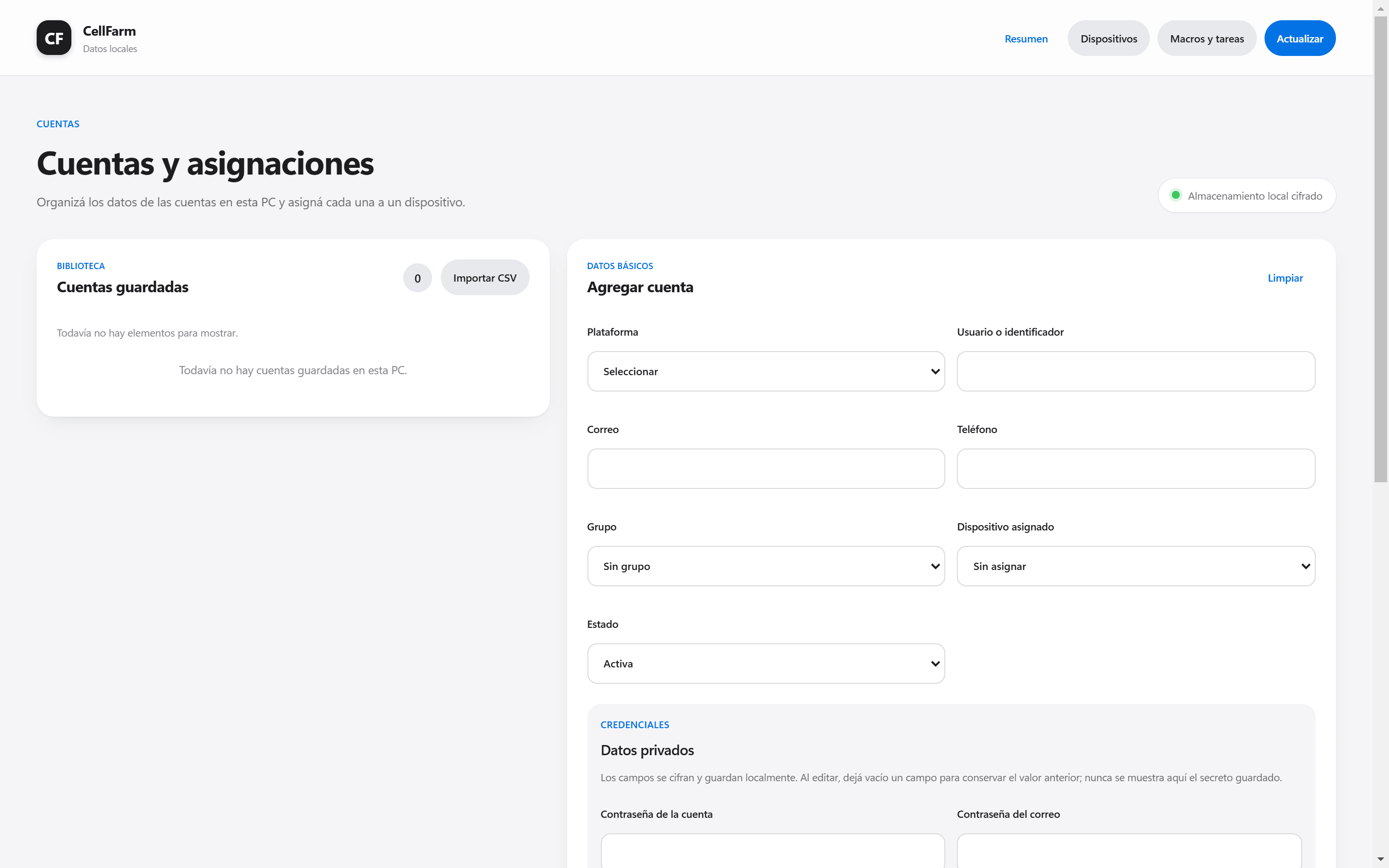 Pantalla Cuentas y asignaciones de CellFarm con el formulario para agregar una cuenta