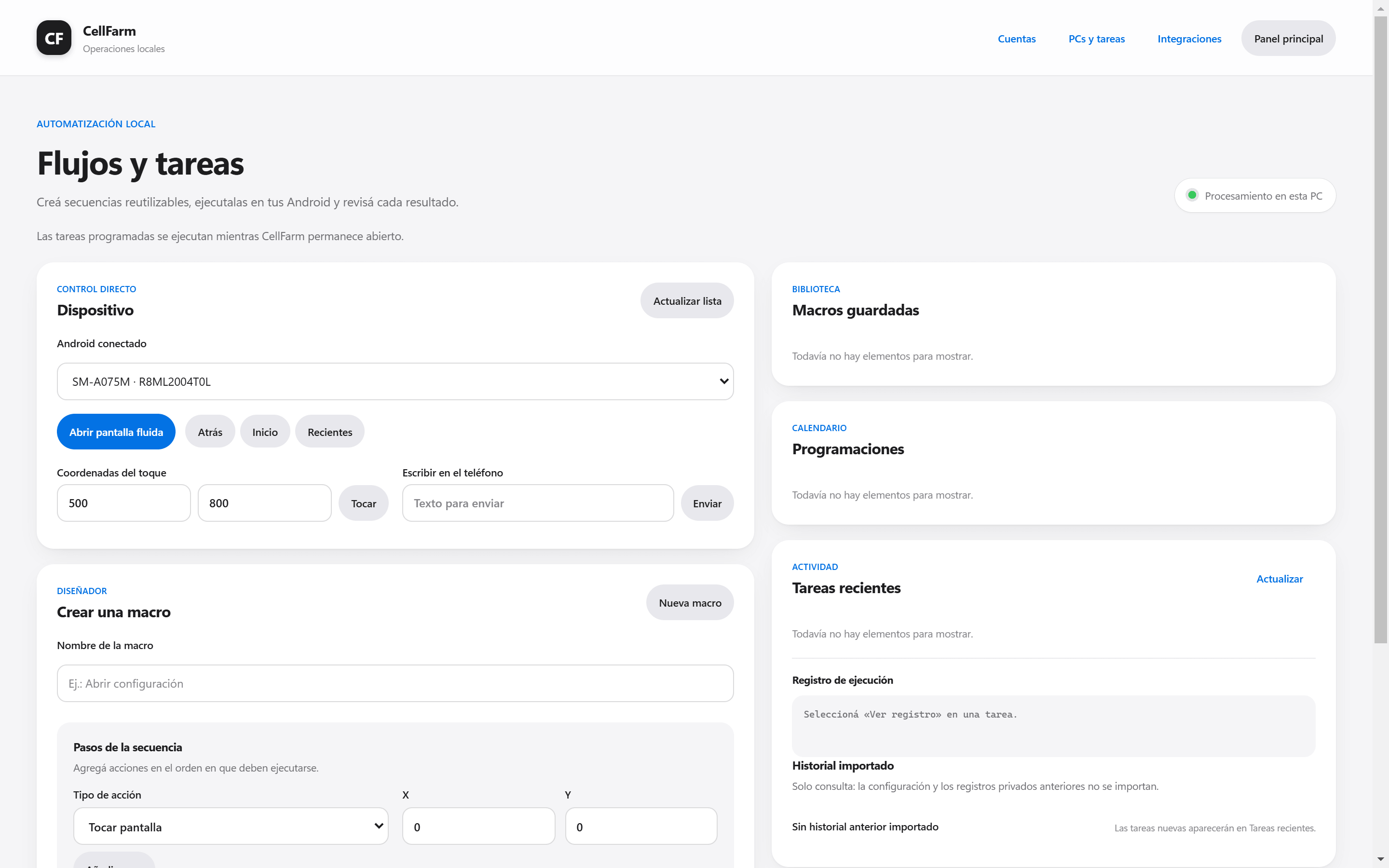 Pantalla Flujos y tareas de CellFarm: control directo, diseñador de macros, programaciones y tareas recientes